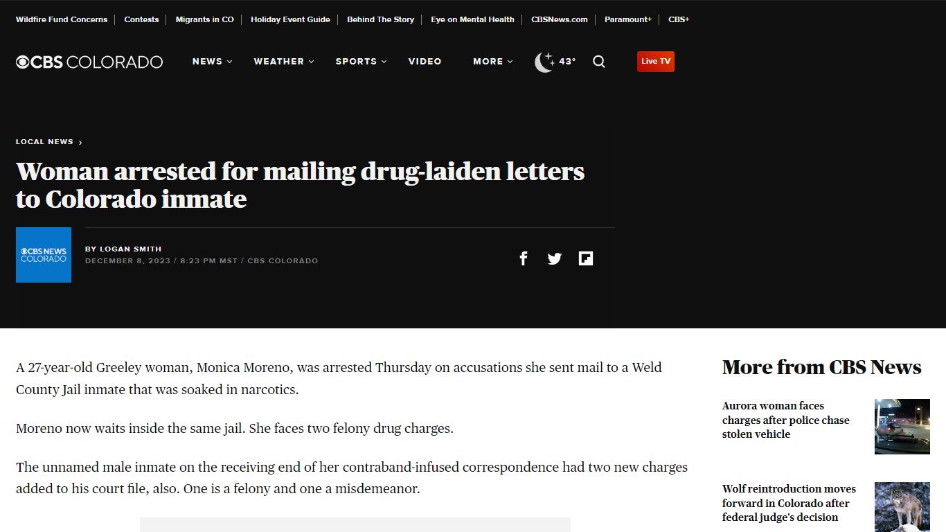 Woman arrested for mailing drug-laiden letters to Colorado inmate